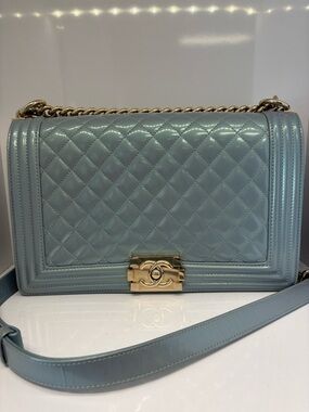 CHANEL Quilted Patent Leather Boy Bag | iridescent blue